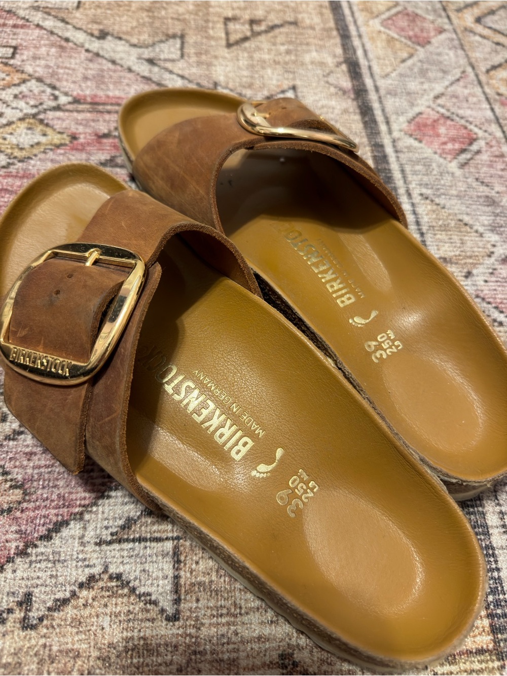 Birkenstock Brown Leather Single-Buckle Slide with Gold Buckle